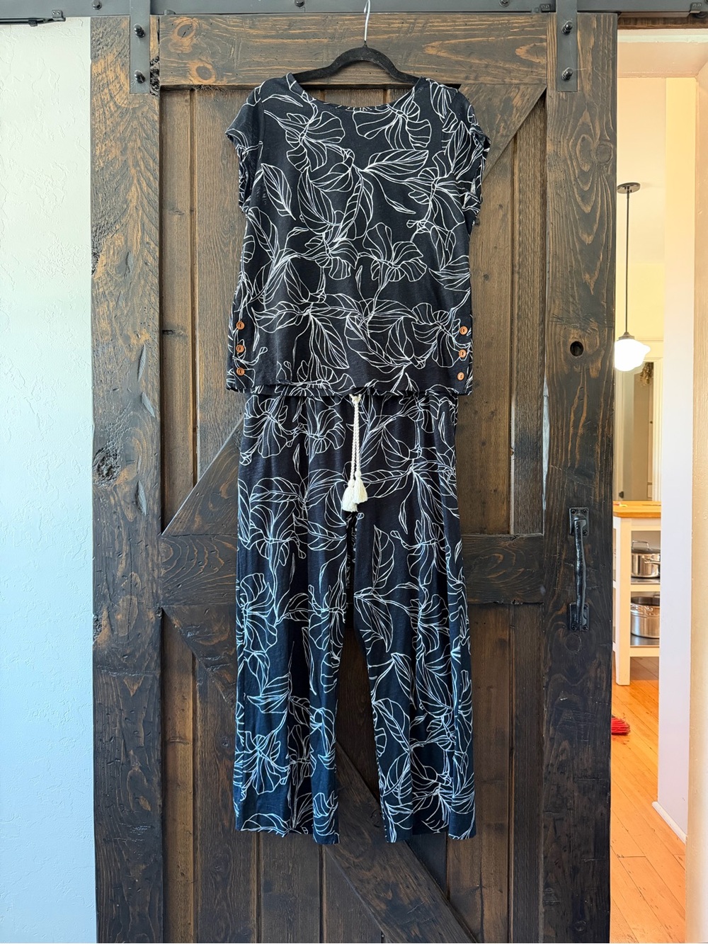 Calypso St. Barth Black White Leaf Print Linen Cotton Wide Leg Pants Set L